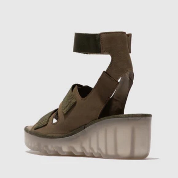 NEW FLY LONDON Made In Portugal Leather Bech Comfort Wedge Sandals khaki 864tn - Picture 8 of 10